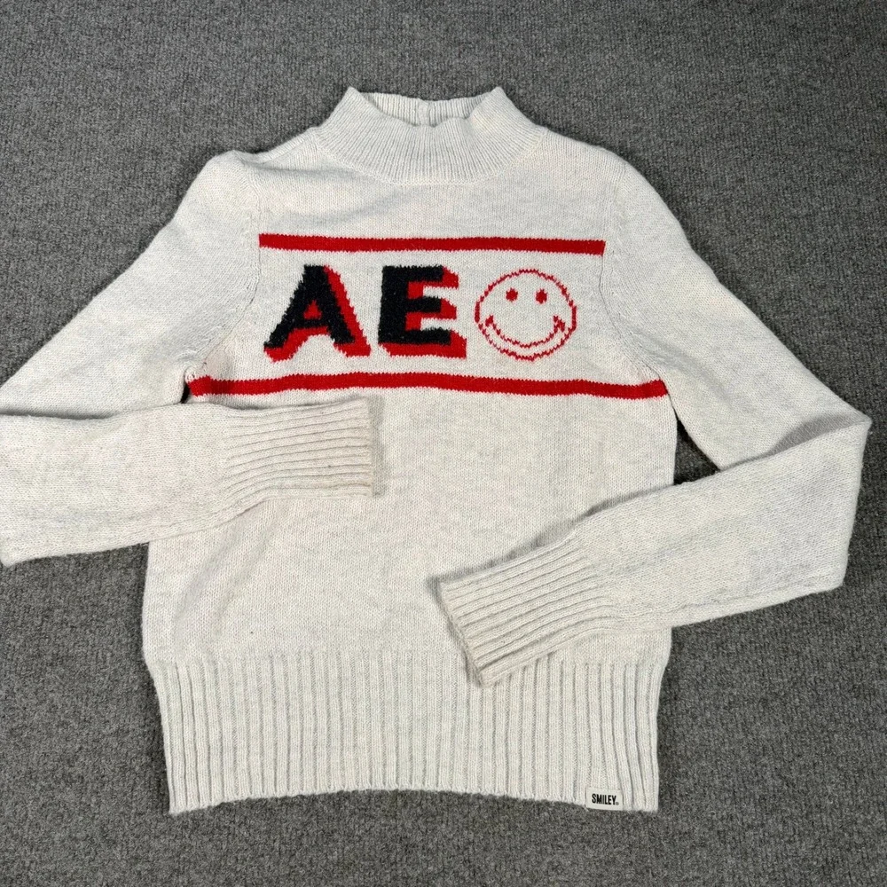 American Eagle x Smiley Kids XS Gray Mock Neck Intarsia Knit Sweater #4414